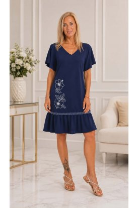 RUCY FASHION Divatos V-nyakú rövid ujjú Mirella hibiszkusz mintás laza esésű nyári ruha