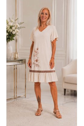 RUCY FASHION Divatos V-nyakú rövid ujjú Mirella hibiszkusz mintás laza esésű nyári ruha