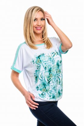 RUCY FASHION Divatos rövid ujjú gumis derekú mintás női felső Aqua menta