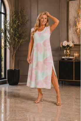 RUCY FASHION Divatos LILY vastag pánt poly mintás lágy esésű, nőies fazonú A-vonalú maxi/midi ruha