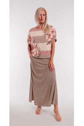 RUCY FASHION Divatos Tropical mintás rövid ujjú passzés felső taupe cappuccino