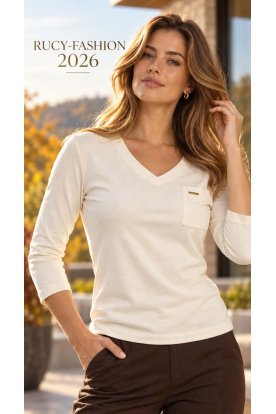 RUCY FASHION 3/4 ujjú divatos V-nyakú fazon Bella top zsebes fém emblémával