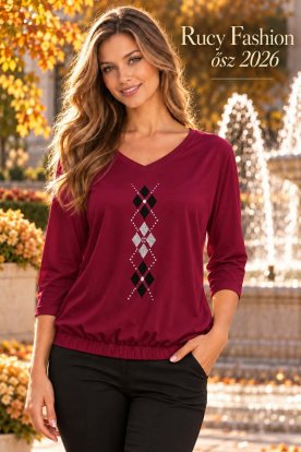 RUCY FASHION 3/4 ujjú divatos V nyakú fazon Jumper zsálya felső rombusz mintával