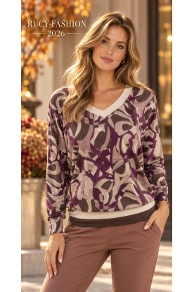 RUCY FASHION Hosszú ujjú passzés felső padlizsán absztrakt minta.