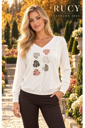 RUCY FASHION Hosszú ujjú V-nyakú divatos gumis derekú laza blúz - pálma mintával krém