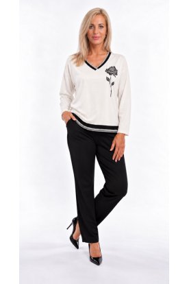 RUCY FASHION Hosszú ujjú V-kivágású passzés laza szabású Rose Dézi felső csillogó rózsamintával